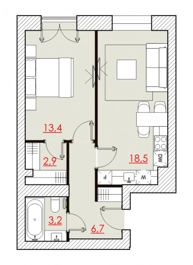 Однокомнатная квартира 44.8 м²