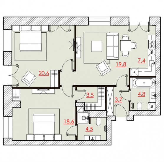 Трёхкомнатная квартира 82.93 м²