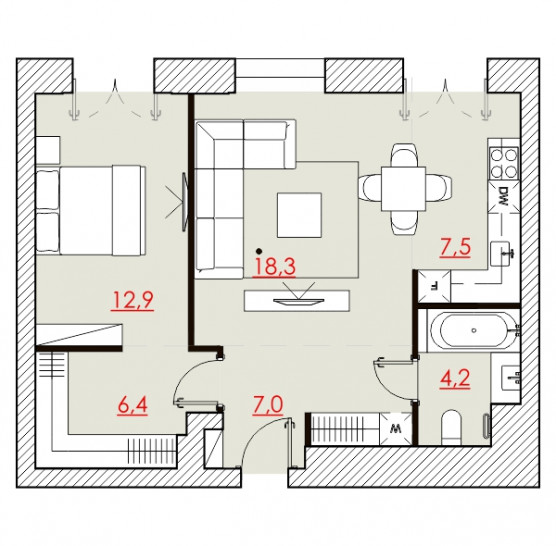 Двухкомнатная квартира 55.87 м²