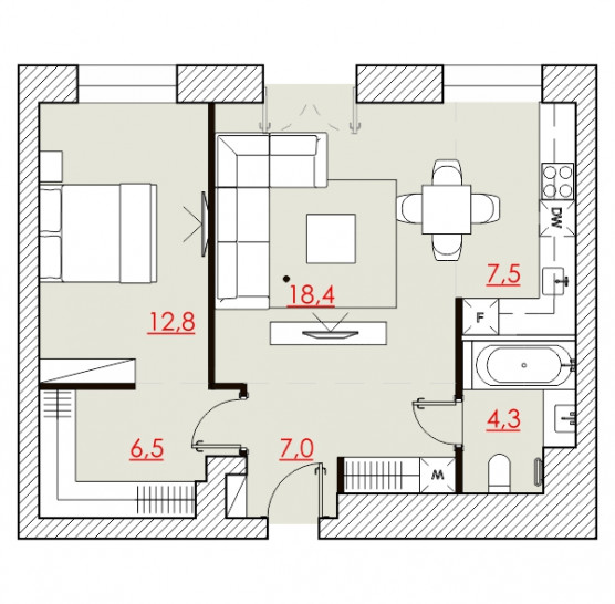 Двухкомнатная квартира 55.97 м²