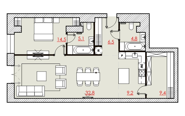 Двухкомнатная квартира 82.91 м²