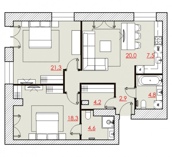 Трёхкомнатная квартира 83.56 м²
