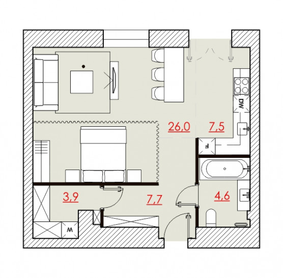 Однокомнатная квартира 49.93 м²