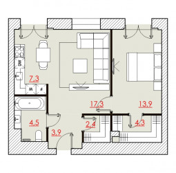 Двухкомнатная квартира 51.41 м²