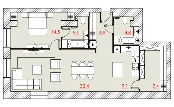 Двухкомнатная квартира 82.96 м²