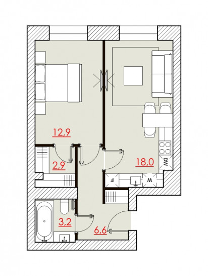 Однокомнатная квартира 43.69 м²