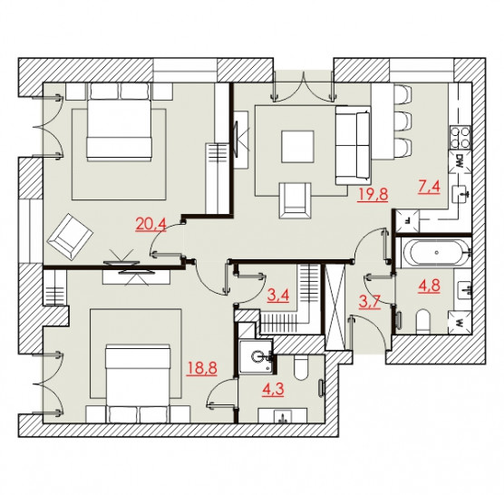 Трёхкомнатная квартира 82.82 м²